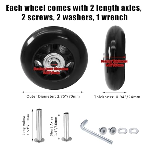 2pcs 70 x 24mm Luggage Wheels Replacement, Black Rubber Suitcase Wheels Replacement Repair Kit, Smooth Luggage Replacement Parts for Carry-on Roller Bag, Suitcase Bag, Trolley Bag2