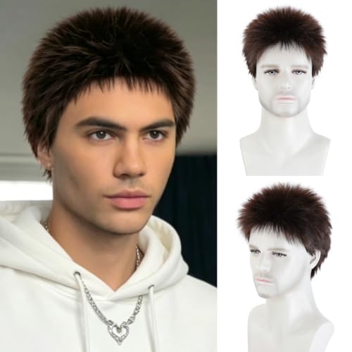 SEVENCOLORS Brown Mens Wigs Natural Hair Synthetic Halloween Cosplay Daily Wig for Male Short Cut Lightweight Wig