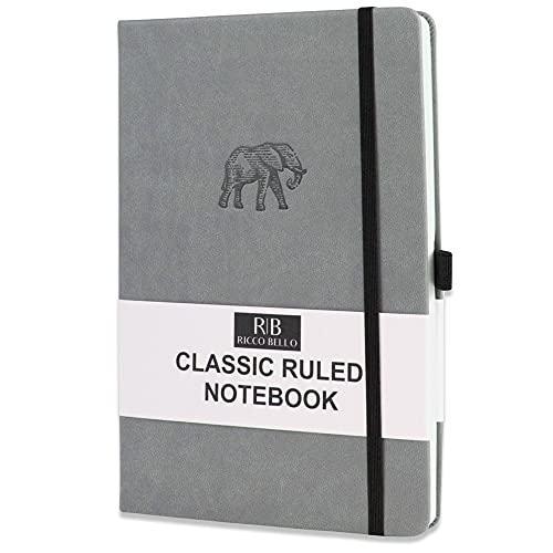 RICCO BELLO College Ruled Hardcover Lined Lay Flat Journal Notebook - Vegan Friendly Faux Leather, Elastic Closure, Pen Loop, Bookmark, Inner Pocket, 192 Lined Pages, 5.7 x 8.4 inches (Grey Elephant)