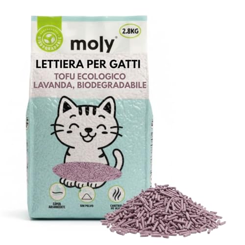 MOLY Sabbia per gatti ecologica di mais e bambù aroma lavanda 2,8 kg / 6,8 l | Sabbia ecologica tipo Tofu | Controllo naturale degli odori | Letto vegetale biodegradabile e assorbente