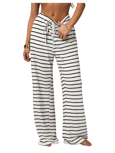Women's Striped Pants Y2k Drawstring Waist Wide Leg Knitted Loose Trousers Going Out Pants
