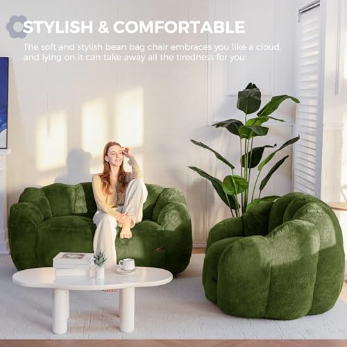 Image of MAXYOYO Bean Bag Chair for Adults, Loveseat Floral Shaped Bean Bag Sofa, Ultra Soft Love Seat Mini Sofa Couch, Faux Fur Reading Chair for Living Room Bedroom, Green