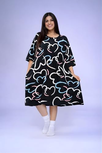 Image of LAMA STORE Women's Printed Oversized T-Shirt Dress, Cotton, 3 /4 Sleeve Length, Casual Loose Fit, Comfort Wear Extra Comfy Oversized Printed Pocket T-Shirt Dress