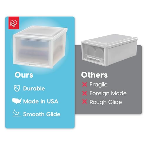IRIS USA 42 Qt. Plastic Drawer Storage Organizer Stacking Drawers, 3-Pack, Stackable Unit with Flip-Up Door for Clothes Bedroom Kitchen Under Sink Pantry Craft Room Bathroom Dorm Office, White
