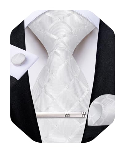 Image of DiBanGu Mens Silk Plaid Tie and Pocket Square Set | Elegant Silk Formal Tie Set, Woven Check Necktie and Cufflinks Tie Clip Set, Perfect for Wedding Party, Comes in Gift Box