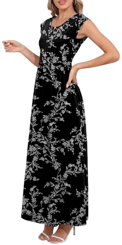 DB MOON Womens 2025 Maxi Dresses Empire Waist Long Summer Dress Casual Cap Short Sleeve Sundress with Pockets2