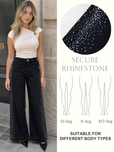 EMMIOL Rhinestone Baggy Jeans Women Tall High Waist Wide Leg Jean Black S - image 6
