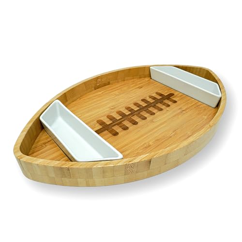 40YARDS American Football Bambus Teller mit 2X Keramik Dipschalen - XXL Holz Schale/Schüssel (40 x 24 cm) für Chips, Rohkost, Nachos & Snacks 40YARDS American Football Bambus Teller mit 2X Keramik Dipschalen - XXL Holz Schale/Schüssel (40 x 24 cm) für Chips, Rohkost, Nachos & Snacks