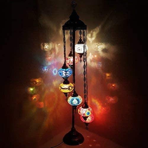 TURKISH HANDMADE 7 BOWL STANDING ELECTRIC LAMP-GLASS CUT WORK-MOSAIC LAMP-TRADITIONAL LAMP-COLORFUL LAMP MEDIUM SIZE- 7 BOWL H 155 Cm Bowl Dia 12 Cm-BM5642