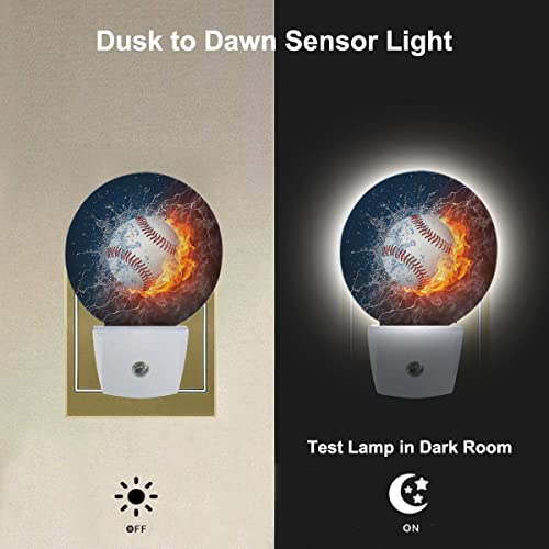 Image of Sport Night Lights Plug into Wall Baseball Ball in Fire and Water Night Light Dusk to Dawn Sensor LED Lighting for Bedroom Bathroom Living Room, 0.5W Sleep Friendly