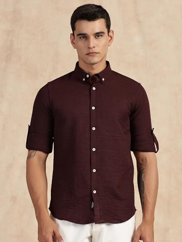 Image of Thomas Scott Men's | Solid | Textured Fabric | Full Sleeve | Slim Fit | Polyester-Blend | Spread Collar | Casual Shirt