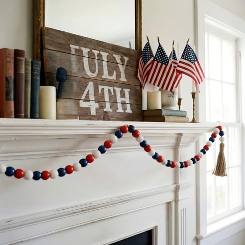 Image of Equsion Wooden Bead Garland with Tassels, Extra Long Fireplace Wood Bead Garlands Rustic Farmhouse Vintage Boho Beads Garland for Party Home Decor Tiered Tray Decorative Beads(Red, White, Blue)