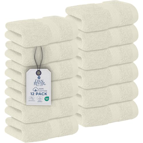 Image of DAN RIVER 12-Pack Premium 100% Cotton Ivory Face Towels for Bathroom - Reusable Face Wash Cloths for Showering 12x12 Inches - 550 GSM Super Soft & Absorbent Luxury WashCloths for Body, Spa & Gym