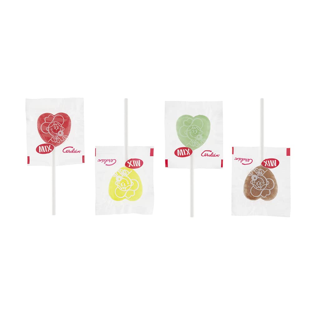Caramelos Cerdán Piruletas Mini Corazón Bolsa 100 Uds Sabor Fresa Cola Manzana Limón Caramelo Duro con Palo sin Gluten