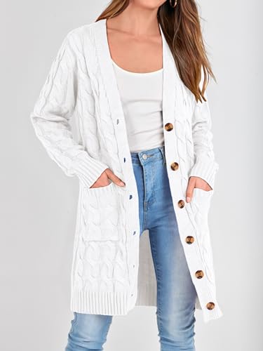 Image of PRETTYGARDEN Long Sleeve Cable Knit Long Cardigan for Women 2026 Spring Winter Chunky Open Front Button Sweaters with Pockets