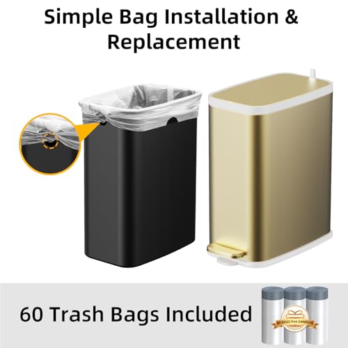 Image of KdbK Champagne Gold Bathroom Trash Can with Lid Soft Close,1.6 Gallon Slim Garbage can,Small Metal Step Wastebasket for Office, Bedroom, Toilet, Live Room