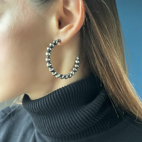 Sterling Silver Navajo Pearl Style Open Hoop Earrings for Women Statement Beaded Western Jewelry Handmade in the USA (Large)3