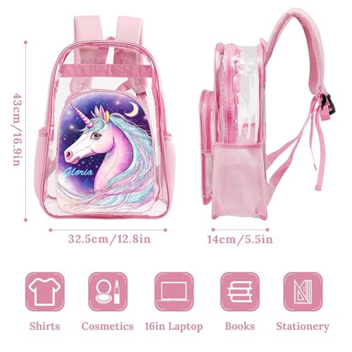 Personalized Unicorn Moon Stars Pink School Clear Backpack for Girls Kids Cute Bookbags Travel PVC Transparent Bags3