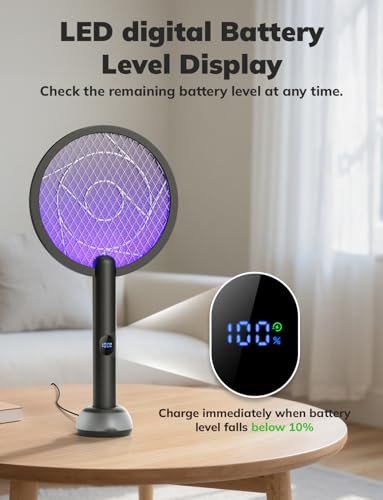 Image of YISSVIC Electric Fly Swatter Bug Zapper Racket LED Screen (Black) | Dual Modes Fly Zapper Not Removable for Indoor Home Office Backyard Patio Camping