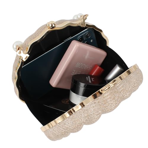 Image of Glitter Seashell Evening Clutch Purse Mini Chain Crossbody Bag Pu Leather Shell Pearl Shoulder Bag