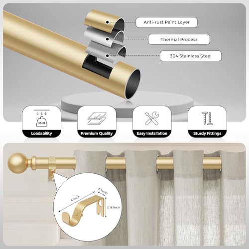 Gold Curtain Rods for Windows 30 to 56 Inch, Adjustable Heavy Duty 1" Diameter Decorative Curtain Rod with Matte Gold Round Finials, Modern Easy Install Extendable Metal Drapery Pole Set