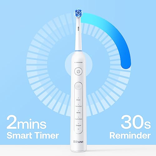 Image of Bitvae R2 Rotating Electric Toothbrush for Adults with 8 Brush Heads, 5 Modes Rechargeable Power Toothbrush with Pressure Sensor, White