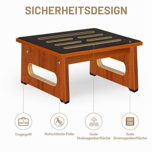 EIN hölzerner Tritthocker für Erwachsene und Senioren mit Rutschfester Gummiauflage, für drinnen und draußen, tragbare hölzerne Aufstehhilfe für Bad, Küche, Nachttisch und mehr(Walnuss, 17cm)