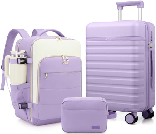 Image of UKEIN Luggage Sets 3 Piece, Carry On Luggage 20In With Spinner Wheels,PC Hardside Suitcase Set with TSA Lock,Durable Carry On Suitcase With Travel Backpack for Men (Violet, 3 piece set (BP /20inch))