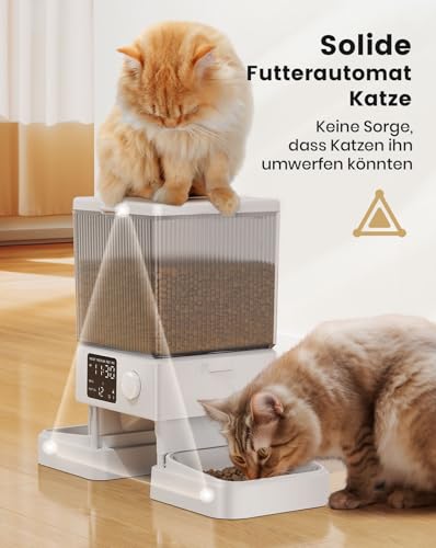 oneisall 5L Futterautomat Katze 2 Näpfe, Katzenfutter Automat mit einem Knopf, Einfache Bedienung, Futterspender für Katzen/Hunde, mit Edelstahlschüssel, Voice Recorder, weiß