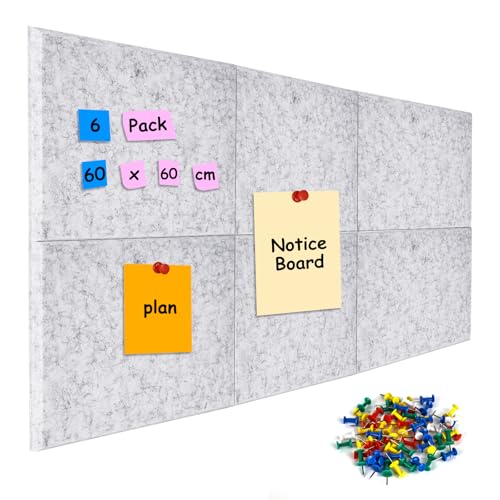 DMJJSD Tablón de anuncios de fieltro, 6 unidades, 12 mm de grosor, pared de corcho autoadhesivo con 60 pines, 30 x 30 cm, tablero de fieltro grande, tableros de corcho de fieltro para hogar, oficina,