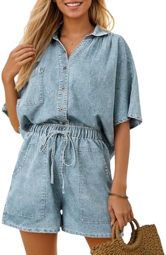 Zilcremo Womens 2 Piece Outfits Summer Denim Sets Short Sleeve Bu...