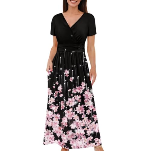 Image of Women's Fall Summer Short Sleeve Ankle Length V-Neck Party Dress with Pockets Size S-3XL