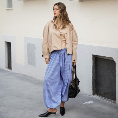 Bloomers Harem Pants Boho Sheer Balloon Pants Women Summer Elastic Waist Long Trousers Casual Vacation Outfits3