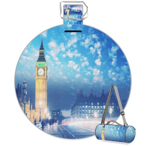 Shimoshe Night Big Ben Picnic Outdoor Blanket Foldable Waterproof Sandproof Beach Blanket Portable Water-Resistant Round Picnic Mat for Travel Camping Park Lawn