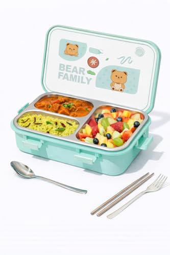 Image of Brand Conquer Lunch Box Leak-Proof BPA Free Stainless Steel for School, Lunch Box for School & Office with a Fork, a Spoon and a Pair of Chopsticks (Green, Bear Family 3 Compartment)