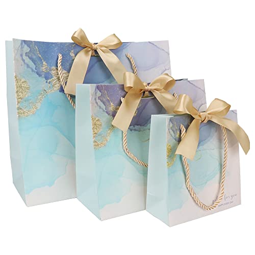 ギフト用 クラフトバッグ 紙袋 リボン付き 3サイズセット プレゼント サブバッグ 簡単包装 (ブルー)