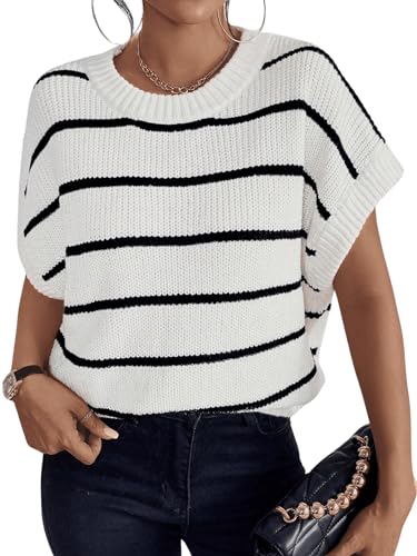 Image of GORGLITTER Women's Striped Short Sleeve Sweater Vest Crew Neck Fashion Trendy 2026 Knit Vest Top Old Money Clothes