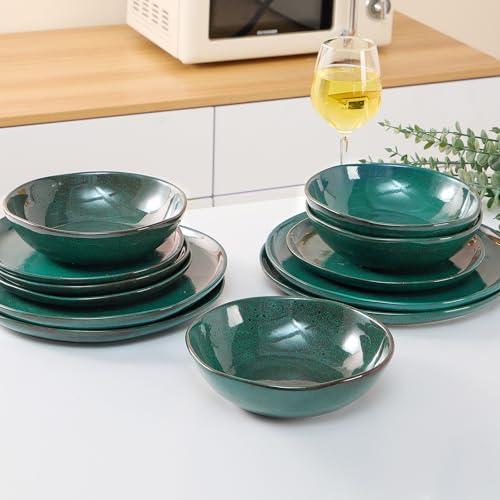 Image of Bestone 12 Pieces Round Kitchen Dinnerware Sets,Plates and Bowls Sets,Dishes, Plates, Bowls, Dish Set, Chip Resistant Ceramic Dinnerware Set, Dishwasher /Microwave Safe,Service for 4,Ceylon Green