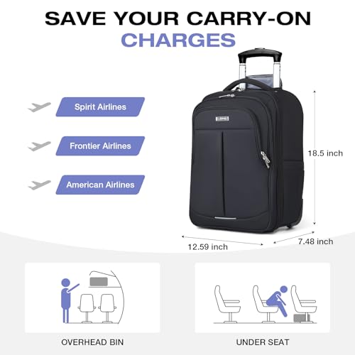 Rolling Backpack for Adults,17 Inch Waterproof Underseat Carry On Luggage, Wheeled Carry-on Luggage, Travel Backpack for Men Women， Trolley Laptop， Black Medium3