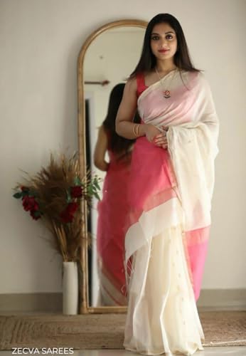 Image of ZECVA Women's Pure Soft Spun Cotton Lichi Silk Saree For Women With Attach Unstitch Blouse Piece