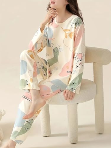 Image of Louis Luxe Womens Korean Night Dress || Full Pyjama Set || Korean Nightsuit || Women Nightwear ||Round Neck Full Sleeve Nightsuit || Loungewear || Everyday Nightdress (ND-02)
