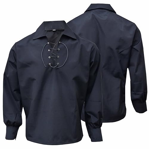 Camisa de algodón de manga larga con cordones para hombre, camisa clásica informal para disfraz de pirata medieval, estilo jacobita jacobita de las tierras altas escocesas, Negro, XXL