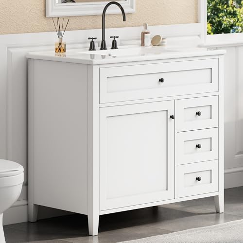 Image of 36 inch Bathroom Vanities with Top Set, Cabinet with Right-Side Multi-Functional Tip-Out Drawer and Adjustable Shelf, Soft-Closing Door, Solid Wood Legs, White