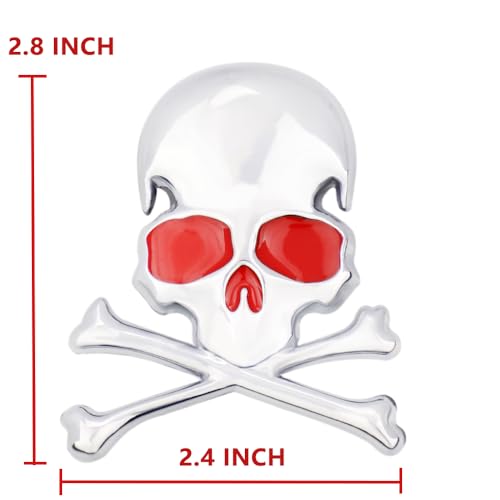 Image of 3D Skeleton Skull Emblem Car Side Rear Front Hood Trunk Door Fender Bumper Tail Box Car Motorcycle Personality Decoration Metal Badge Decal Sticker (1 PCS, Silver Red)