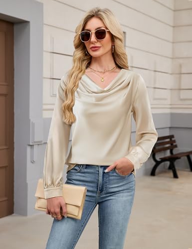 Blooming Jelly Womens Satin Blouse Cowl Neck Draped Silky Long Sleeve Dressy Tops Fall Trendy Fashion Business Casual Outfit2