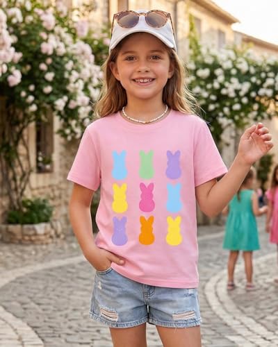Image of Ritatte Kids Girls Easter Shirt Cute Bunny Rabbit Graphic T-Shirt Happy Easter Tees Funny Casual Short Sleeve Tops 7-12Y