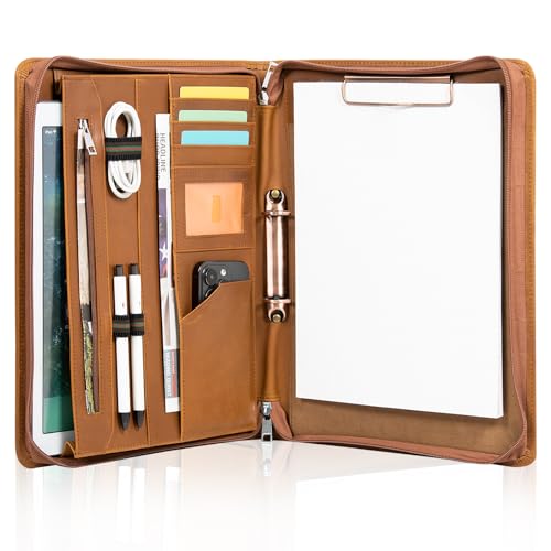 Calfinder Konferenzmappe Leder, Dokumentenmappe Schreibmappe a4 mit Ringbuch, 2 Ring Binder Ledermappe mit a4 Klemmbrett/Reissverschluss, Business Organizer Mappe, Geschenk für Herren/Damen, Braun