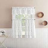 No. 918 Allerton Embroidered Trellis Semi-Sheer Rod Pocket Kitchen Curtain Valance and Tiers Set, White, 52' W x 36' L