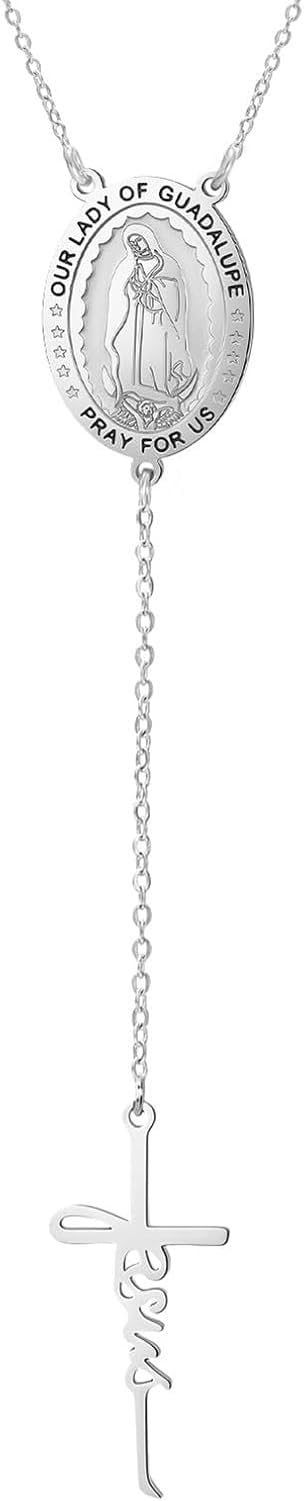 HURUMA Mary Necklace Stainless Steel Rosary Bead Jesus Cross Pendant Adjustable Y Chain Crucifix Jewelry for Women Faith Religious Gift Christian Catholic, Silver 2
