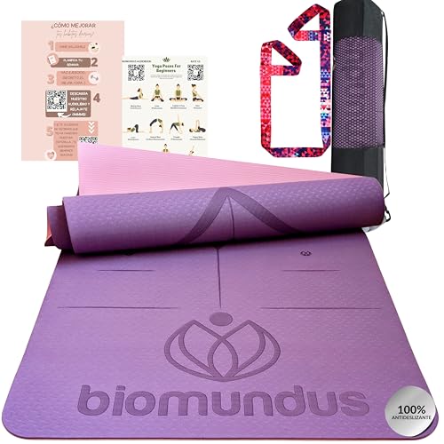biomundus Esterilla Yoga Mat Antideslizante profesional Esterilla Deporte en Casa Colchoneta Gimnasia Mat Yoga antideslizante con sistema de alineación Correa y Bolsa Esterilla Fitness